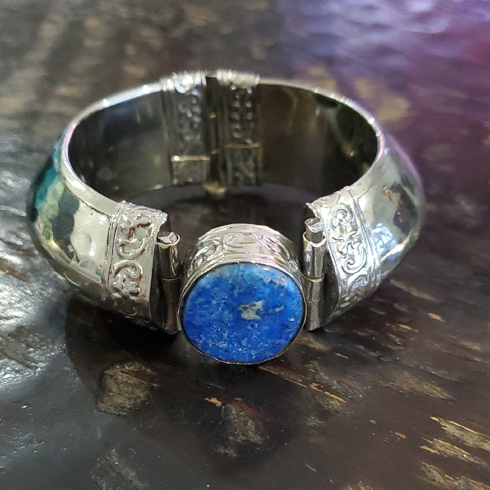 Vintage Silver Tone Chunky Statement Bracelet with Blue Stone Boho Gypsy Tribal